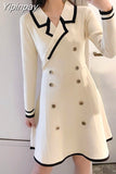 Yipinpay V Neck Long Sleeve Knitted Party Dress women Autumn Korean French Vintage Vestidos Elegantes Pullover Robe Chemise Femme