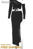 Yipinpay Sexy Off-the-shoulder Navel Two Piece Set Summer Women Slit Skirt+long-sleeved Ensembles De Jupes Slim Conjuntos De Falda