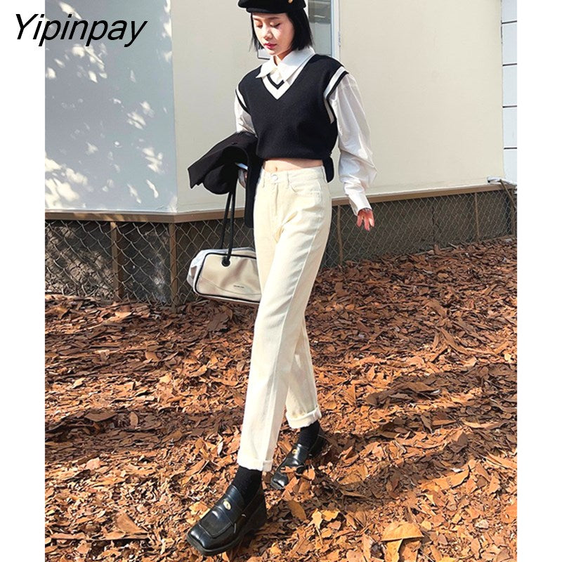 Yipinpay Casual Winter Velvet Denim Haren Pants Female Streetwear High Waist Warm Cashmere Mom Jeans Solid Baggy Woman Jean