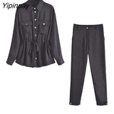 Yipinpay Fashion Solid Black Pants Sets 2023 Spring Autumn Long Sleeved Chic Blouses With Lace +Zipper Pants Street Casual Outwear