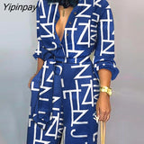 Yipinpay Women Elegant All Over Print with Letter with Belt Straight Button Jumpsuit Sexy Jumpsuit