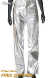 Yipinpay Women Metallic Straight-Leg PU Pants Sexy ZA Sparkling High Waist Trousers Streetwear Clubwear Costumes 2023 Spring Fall