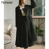 Yipinpay Autumn/Winter Woolen Dress Women New Patchwork Double Breasted Dress Female Elegant High Quality Long Sleeve Dress
