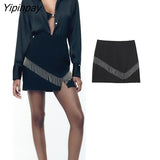 Yipinpay Fashion Women Tassel Mini Skirt 2023 Spring Autumn Causal Solid Vintage A-line Back Zipper Sexy Skirt Streetwear
