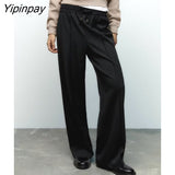 Yipinpay Solid Women Wide Leg Pants 2023 Spring Autumn Office Outfits Elastic Waist Pant High Street Drawstring Trousers