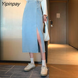 Yipinpay High Waist Vintage Denim Jeans Skirts Casual Wash Split Long Skirt Korean Harajuk Blue Skirt Femme