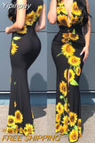 Yipinpay Dresses Women Plunge Sunflower Print High Slit Party Skinny Dress Sexy Party Evening Dress Fashion 2023 Summer Casual