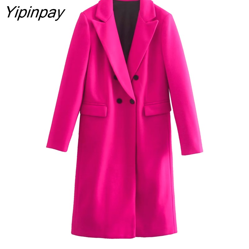Yipinpay 2023 Women Solid Woolen Coat Autumn Winter Office Lady Long Sleeve Outwear Double Breasted Warm Basic Notched Overcoat