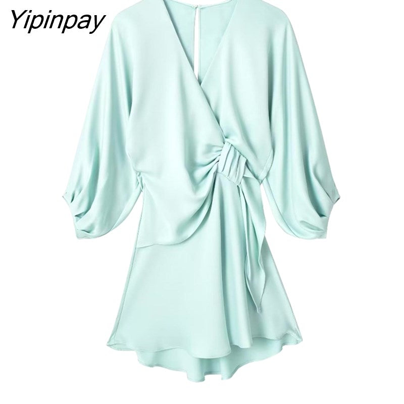 Yipinpay Fashion 2023 Women Solid Knot Mini Dresses Summer Elegant V-neck Soft Dress A-line Three Quarter Party Vestidos