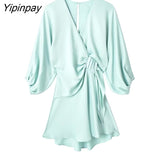 Yipinpay Fashion 2023 Women Solid Knot Mini Dresses Summer Elegant V-neck Soft Dress A-line Three Quarter Party Vestidos