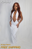 Yipinpay Halter Low Cut Backless Maxi Dress Women Sleeveless Pleated Slim Fit Robe 2023 Summer Beach Harajuku Lolita Y2K Clothes