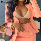 Yipinpay Women Chic Elegant Button Long Sleeves Fake Pocket Silt Bodycon Sexy Mini Skirt Sets