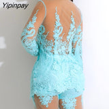 Yipinpay Women Elegant Lace Patchwork Mesh  Hollow Out Asymmetrical Long Sleeves Sexy Blazer Jacket