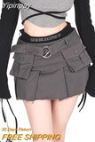 Yipinpay Cargo Skirt Denim Women Y2k Vintage High Waist Pocket Belt Pleated Mini Skirt Sexy Fake Two-piece Patchwork Streetwear