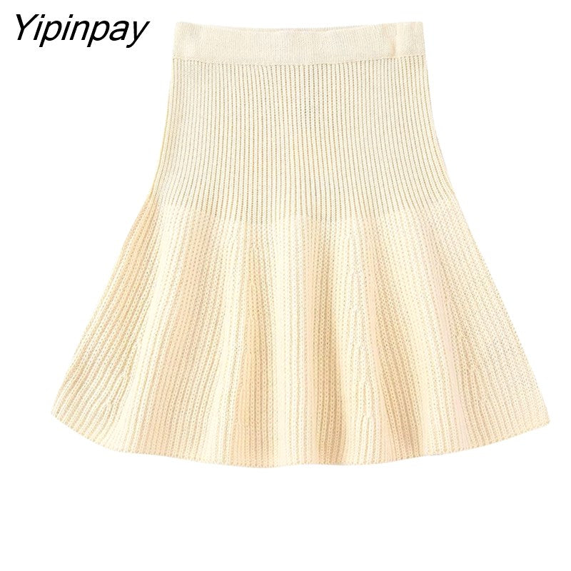 Yipinpay Soft Solid Knitted Sweater Skirt Set 2023 Vintage Warm Turtleneck Knitting Tops Casual Elegant Mini A-Line Skirt Lady Suit