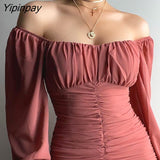 Yipinpay Women Dress Off Shoulder Ruched Bell Sleeve Ruffles Mini Bodycon Dress Sexy Party Dress