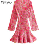 Yipinpay 2023 New Summer Women Print Dresses Fashion Deep V-neck A-line Dresses Long Sleeve Party Elegant Vestidos