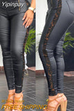 Yipinpay Lace Patch Zipper Design PU Leather Skinny Pants women pants new trousers high waist elegant Long pants female