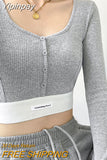 Yipinpay Fashion Patchwork Y2k Crop Tops Women Spring Autumn Slim Square Neck T Shirt Streetwear Single Breasted Long Sleeve Top