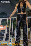 Yipinpay Lace-up Cross Hollow PU Leather Pants Street Style High Waist Straight-Leg Trousers Women's Streetwear Solid Slim Pants