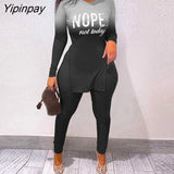 Yipinpay Women Chic Letter Print Split Hem Long Sleeve Top & Camouflage High Waist Pants Set