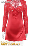 Yipinpay MO Lace See Through Sexy Long Sleeve Red Mini Dress Women Summer Elegant Bandage Slim Outfit Ladies Party Club Vestido