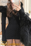 Yipinpay Winter Elegant Bodycon Y2k Mini Dress Woman Hooded Pure Color Short Party Dress Casual Long Sleeve Knitted Dress Korea Chic