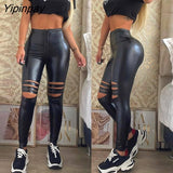 Yipinpay Women Casual High waist Zipper PU leather Pothole Skinny Pencil Pants