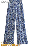 Yipinpay Blue Print Wide Leg Pants Women High Waisted Trousers Women Casual Baggy Pants Woman Fashion Summer Women's Pants Set