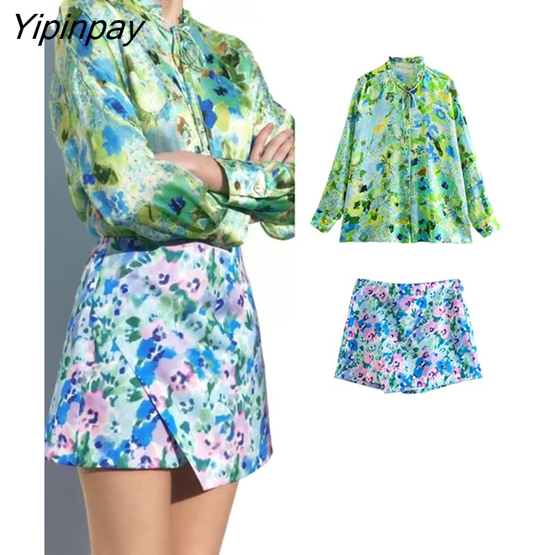 Yipinpay Fashion Women Floral Print Shorts Shirts Sets 2023 Summer Causal Single Breasted Bow Tops A-Line Side Zipper Short Pant