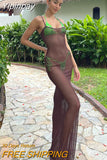 Yipinpay Women Sling Dress Spaghetti Strap Low-Cut See-Through Slit Dress For Club Party Skin-Friendly Casual Simple Style Blue-Green