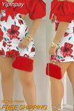 Yipinpay Off Shoulder Floral Print Jumpsuit Summer Women's Chic Jumpsuit Bubble Hollow Lace-up Front Jumpsuit Short Sleeve Slim 2023