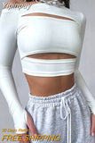 Yipinpay Hollow Out Sexy Long Sleeve Crop Top Women Streetwear Tees Casual 2023 Spring Summer White Skinny Basic T Shirts