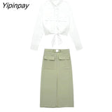 Yipinpay Fashion Women Solid Skirts Sets 2023 Summer Female Elegant Single Breasted Bow Shirts Mid-Calf A-Line Skirts With Belt Sets