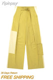 Yipinpay TRAF 2023 Fashion Women Wide Leg Pants Female Chic Casual Loose Pockets Trousers Ladies High Waist with Belt Summer Pants