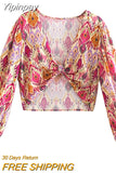 Yipinpay 2023 Knot Floral Top Women Vintage Print Crop Top Female Long Puff Sleeve Summer Blouses Fashion Beach Chic Woman Blouse