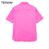 Yipinpay Newest Summer Women Solid Blouses Shirt 2023 Causal Short Sleeved Turn Down Collar Tops Vintage Single Breasted T-Shirts