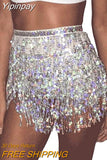 Yipinpay Women Sexy Belly Skirt, Sequined Fringe Miniskirt with Adjustable Waist Straps, Mini Skirt for Dance Performance, Rave Party