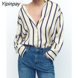 Yipinpay 2023 Women Striped Blouses Shirt Causal Loose Turn Down Collar Long Sleeved Tops Single Breasted T-Shirts Spring Autumn