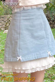 Yipinpay Kawaii Lolita Blue Mini Skirt Women Japanese Sweet Cute Ruffle Bow Patchwork Fairycore High Waist Short Skirt Soft Girl