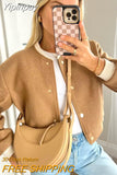 Yipinpay TRAF Fashion Bomber Jackets for Women 2023 Chic Single-breasted Coat Female O-Neck Long Sleeve Coats Ladies New Outerwear