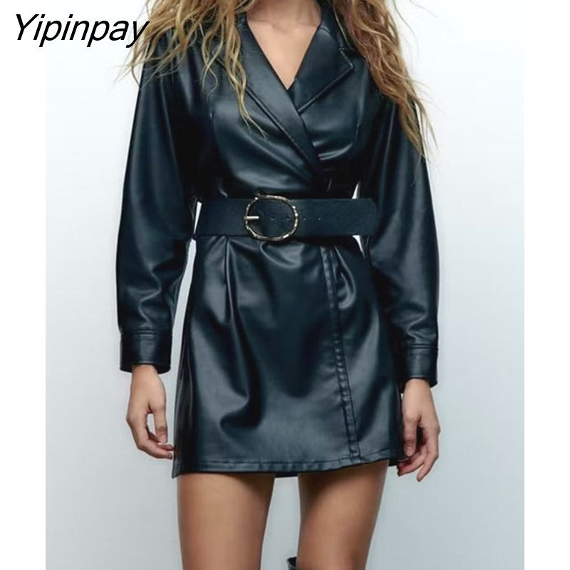 Yipinpay 2023 Women Notched PU Leather Mini Dress Autumn Winter Fashion Office Lady Long Sleeve Blazer Style Elegant Vestidos