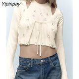 Yipinpay Fashion Women Knitted Sweater 2023 Autumn Winter Harajuku Halter Tank V-neck Lace Cardigan Long Sleeve Sweet Tops