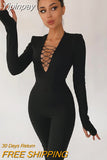 Yipinpay Shoulder Pads Long Sleeve Jumpsuit Women Summer Cross Bandage Sexy Jumpsuits Femme Black V-Neck Bodycon Overalls