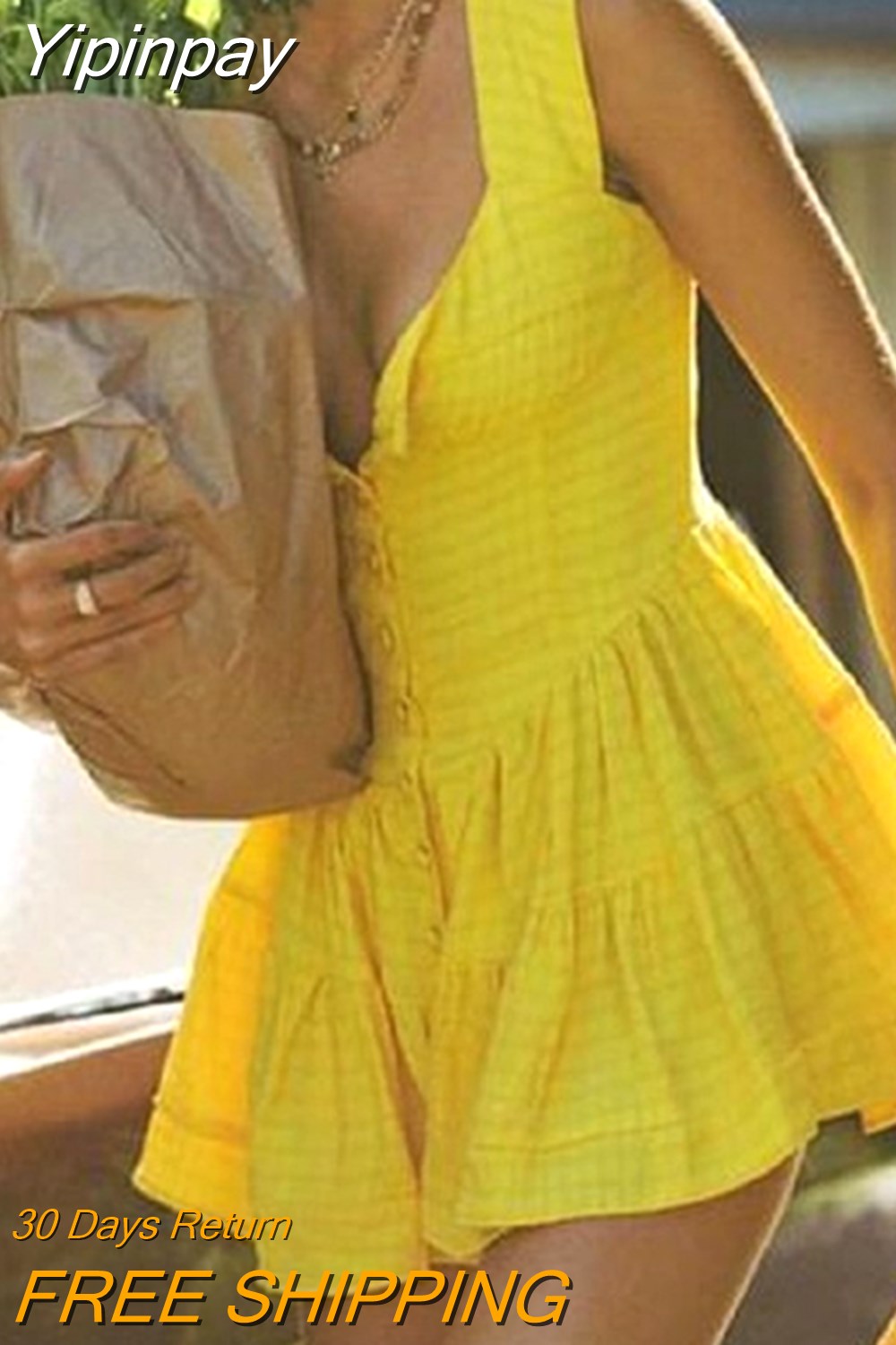 Yipinpay Retro Yellow Plaids Ruffled Hem Mini Dress Women Summer Casual Sleeveless Wide Shoulder Strap Buttons down A-Line Dress