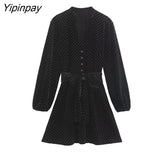 Yipinpay New Women Velvet Mini Dresses With Belt 2023 Spring Autumn Elegant Ladies Soft Dresses Long Sleeve A-line Vestidos