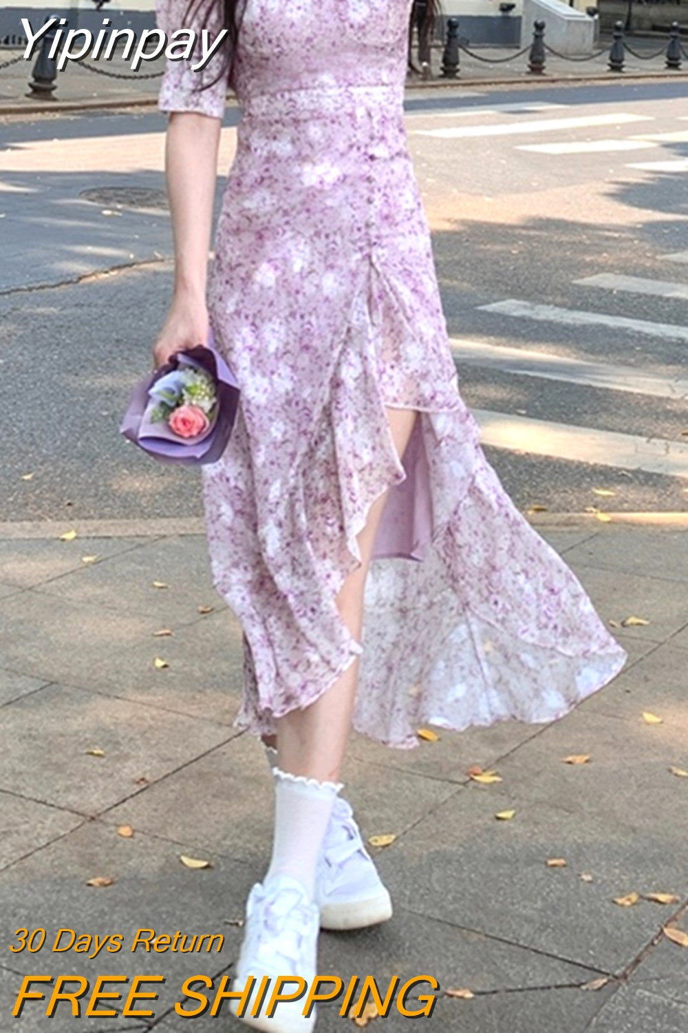 Yipinpay Summer Short Sleeve Fairy Floral Dress Woman Beach Party One Piece Dress Korean Style French Elegant Midi Dress Casual Chic