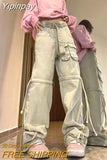 Yipinpay Waisted Cargo Y2k Baggy Jeans Stacked Pants Overalls For Women Grunge Vintage Pants With Pocket Ripped Jeans For Women