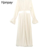 Yipinpay Elegant Women Solid Hollow Out Dress 2023 Summer Fashion Flare Sleeve Mid-Calf Dresses Casual Beach Style A-line Vestidos