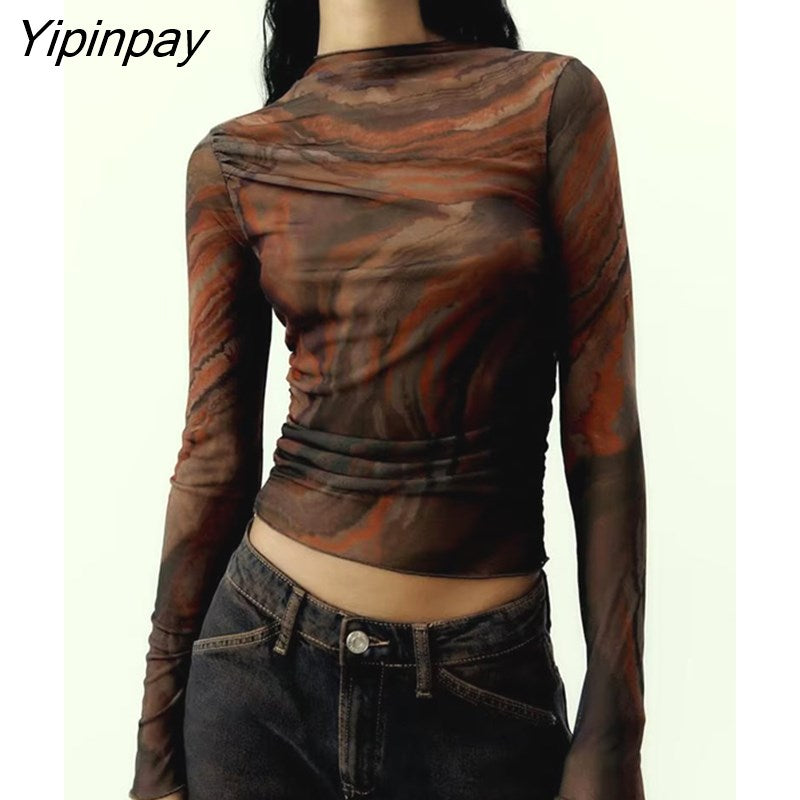 Yipinpay Women Tulle Printed Blouses Shirt 2023 Spring Autumn Causal Long Sleeve Thin Tops Pullover Half High Collar Short T-Shirts